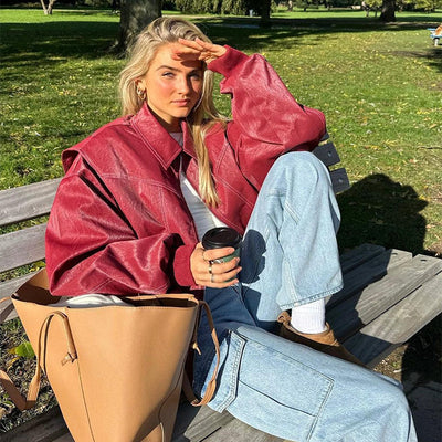 Liv | Oversized Burgundy Faux Lederjacke