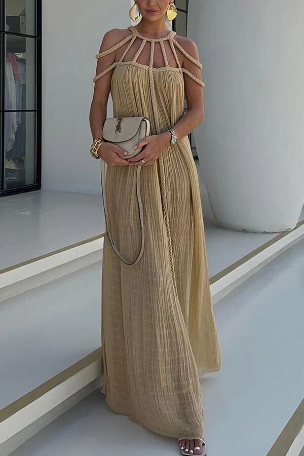 Barbara® | Modernes und raffiniertes Maxikleid mit drapierten Zöpfen aus Leinenmischung
