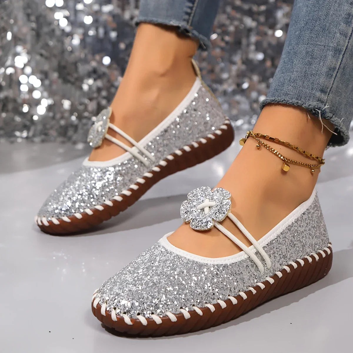 Glitzer-Ballerinas mit Blume | Elastikriemen | Funkelnd & Verspielt