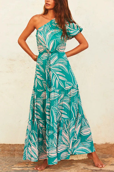 Juana® | Fließendes, bedrucktes Maxikleid mit einer Schulter und Kordelzug an der Taille
