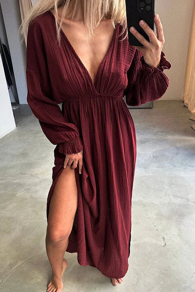 Sonia® | Lässiges Kleid aus Baumwolle und Leinen mit V-Ausschnitt und Schlitz