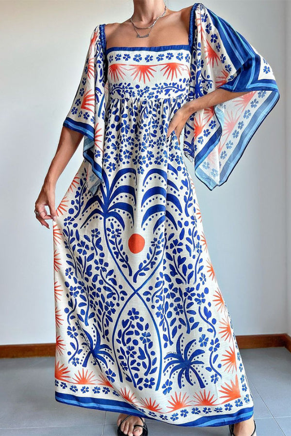 Sophia® | Blaues, lockeres, bedrucktes Kleid mit Glockenärmeln