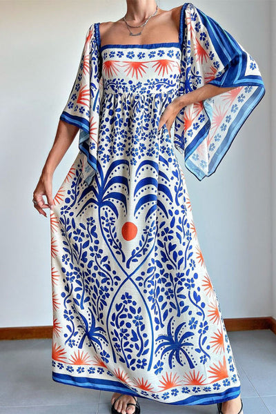 Sophia® | Blaues, lockeres, bedrucktes Kleid mit Glockenärmeln