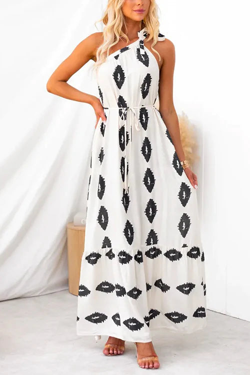 Elena® | Bedrucktes Rüschen-Maxikleid mit Schleife und Knoten an einer Schulter
