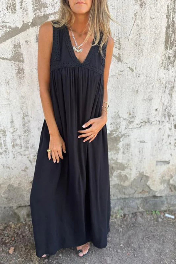 Laia® | Ärmelloses schwarzes Spitzenkleid mit V-Ausschnitt