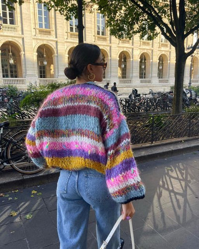 Magdalena | Streifiger, offener Pullover mit Puffärmchen