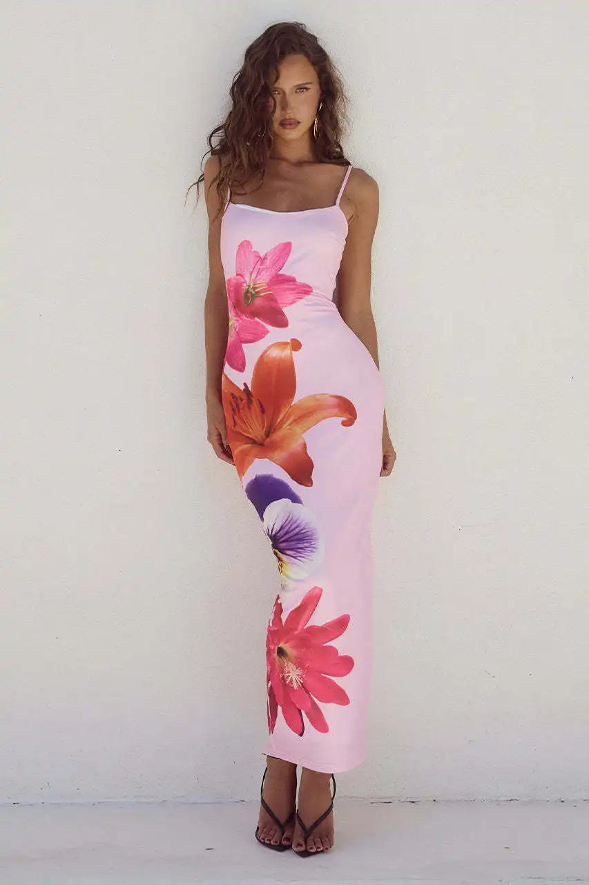 Midikleid mit Spaghettiträgern | Figurbetont | Großes Blumenmotiv