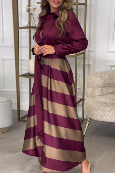 Hemdblusenkleid mit Gürtel | Streifendesign | Satin-Finish