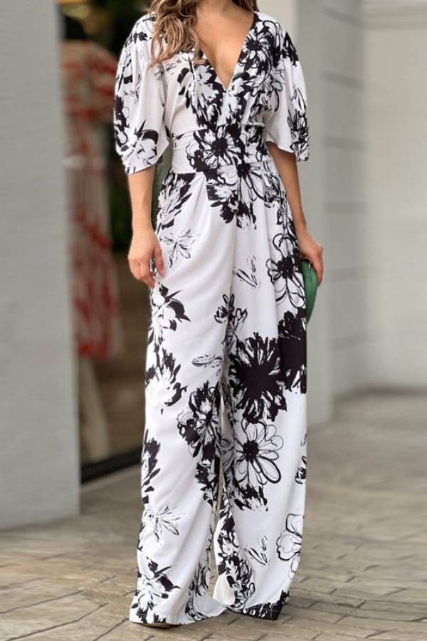 Eva® | Stretch-Maxi-Jumpsuit mit hohem Bund und Blumendruck und Ärmeln