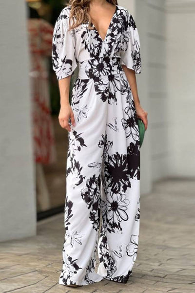 Eva® | Stretch-Maxi-Jumpsuit mit hohem Bund und Blumendruck und Ärmeln