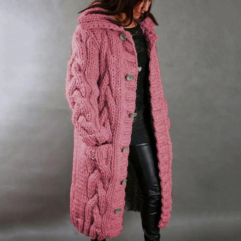 Damen Strickjacke Mantel Lang | Mit Kapuze Grobstrick