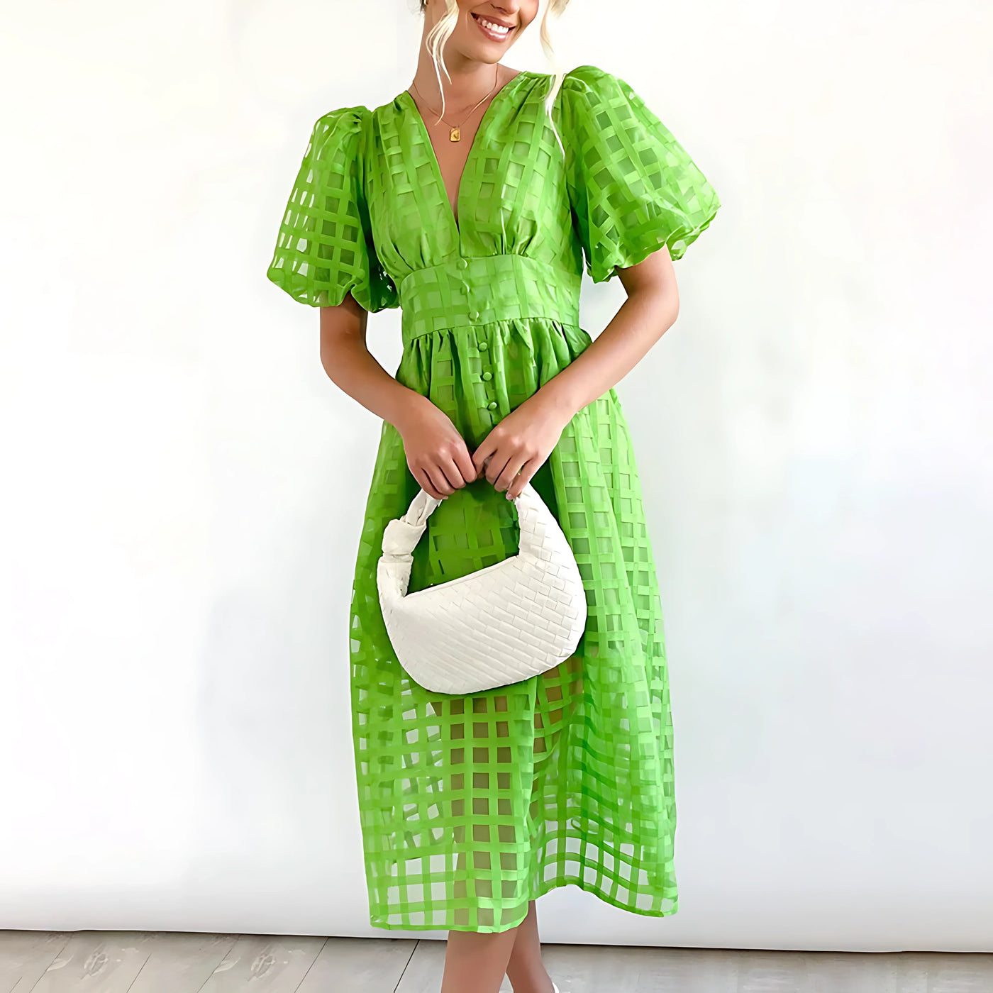 Midikleid mit Karomuster | Puffärmel | Eleganter Look
