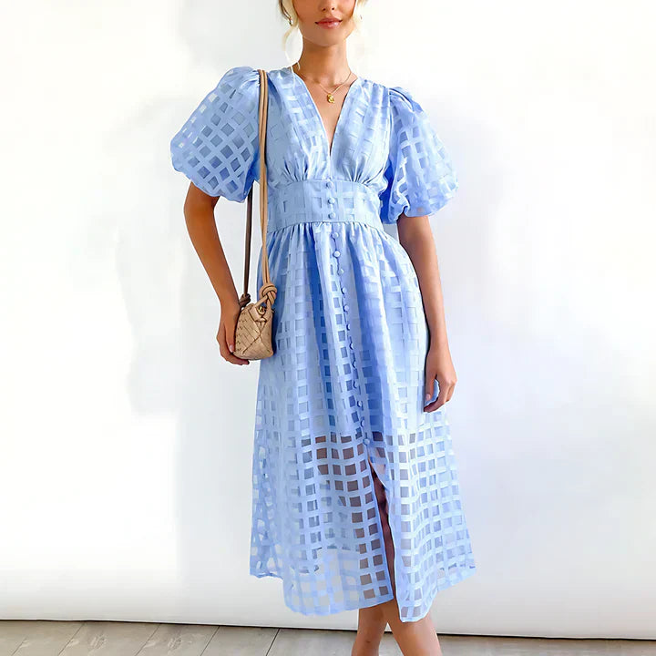 Midikleid mit Karostruktur | Puffärmel | Femininer V-Ausschnitt