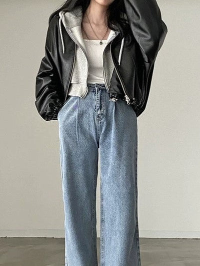 Heidi-Mode | Schwarze Lederjacke Mit Kordelzug Und Kragenkragen