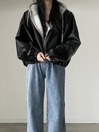 Heidi-Mode | Schwarze Lederjacke Mit Kordelzug Und Kragenkragen