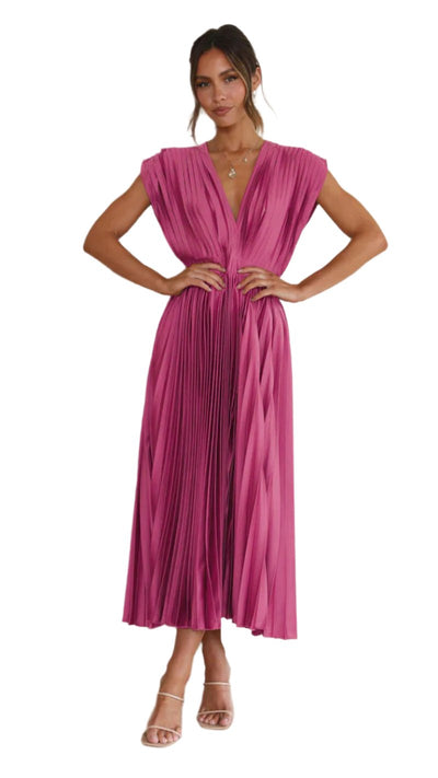 Emma – V-Ausschnitt Damen Plissee-Maxikleid