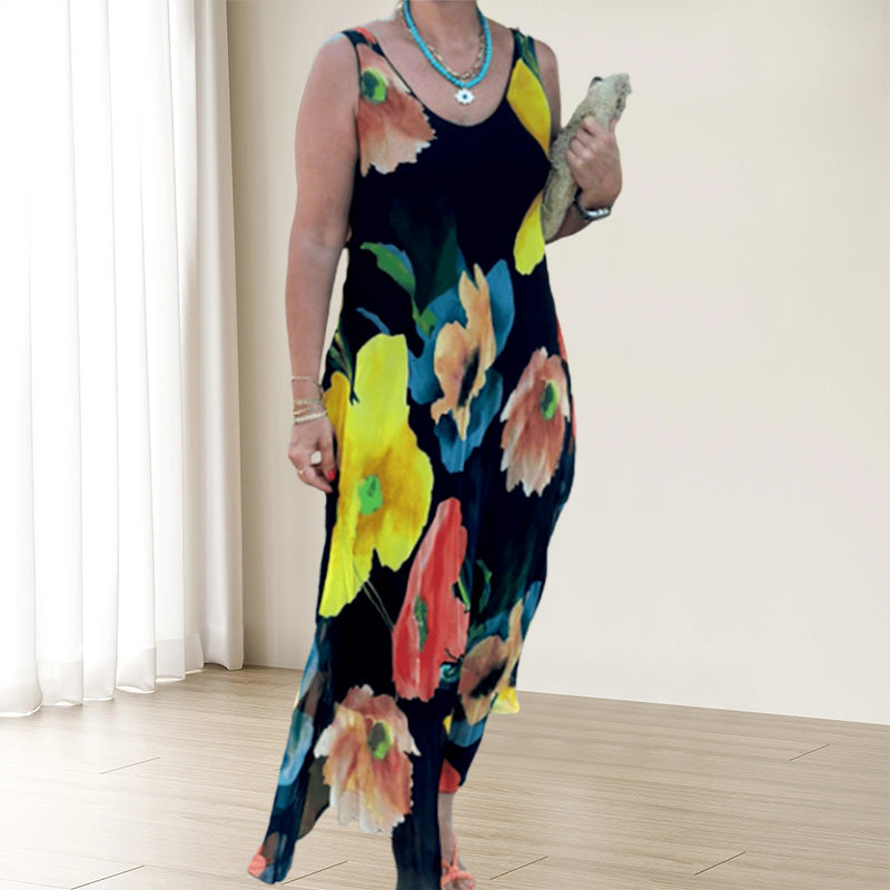 Maxikleid mit Blumenprint | Ärmellos | Luftiger Fall