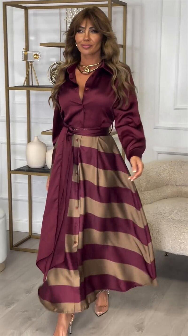 Hemdblusenkleid mit Gürtel | Streifendesign | Satin-Finish