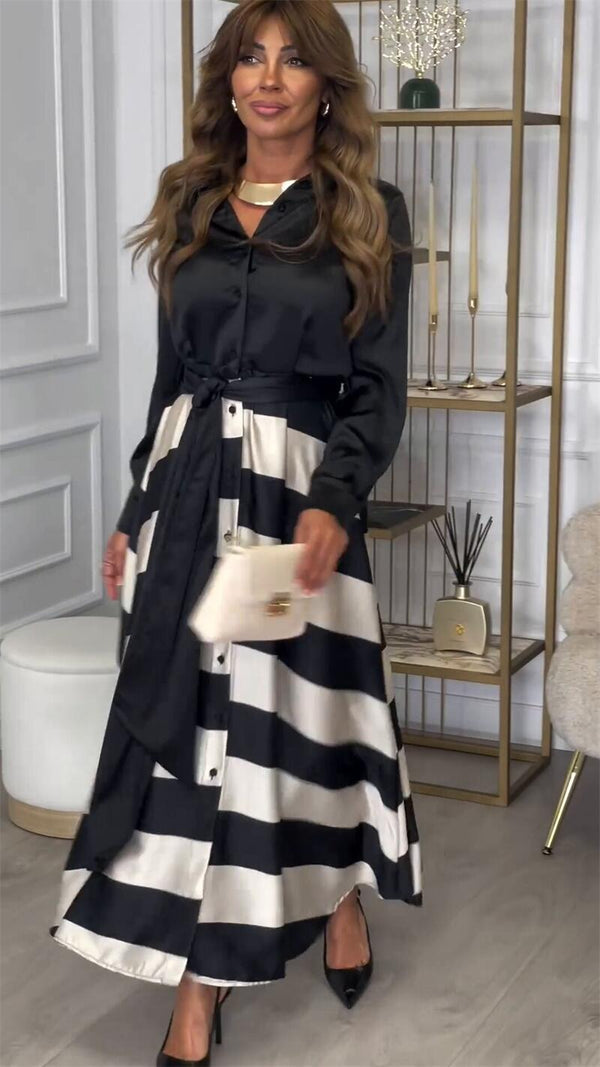 Hemdblusenkleid mit Gürtel | Streifendesign | Satin-Finish