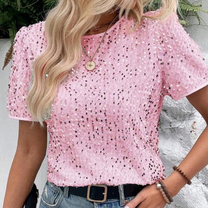 Paillettenshirt mit Rundhalsausschnitt | Kurzarm | Glanzvoller Look