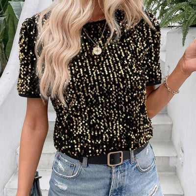 Paillettenshirt mit Rundhalsausschnitt | Kurzarm | Glanzvoller Look