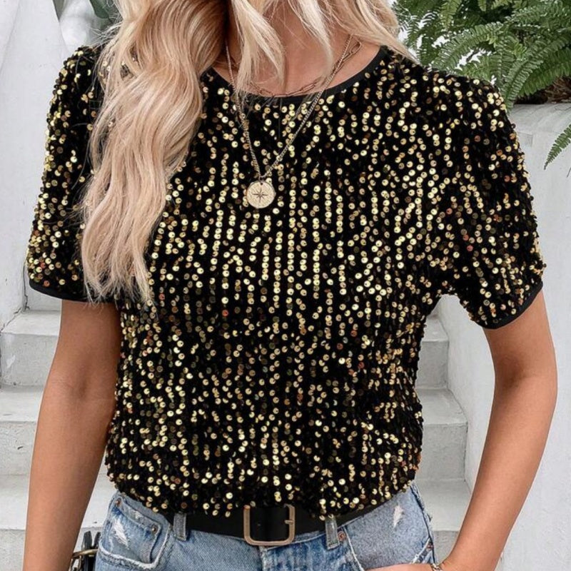 Paillettenshirt mit Rundhalsausschnitt | Kurzarm | Glanzvoller Look