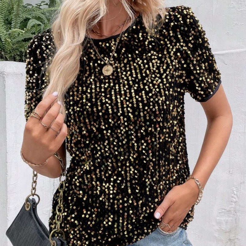Paillettenshirt mit Rundhalsausschnitt | Kurzarm | Glanzvoller Look