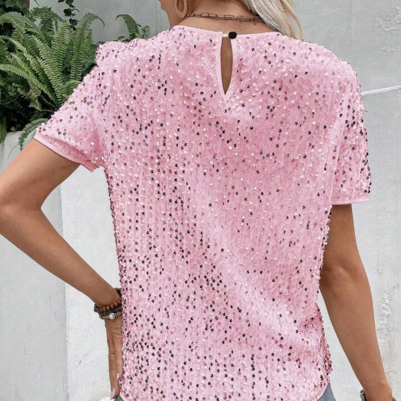 Paillettenshirt mit Rundhalsausschnitt | Kurzarm | Glanzvoller Look