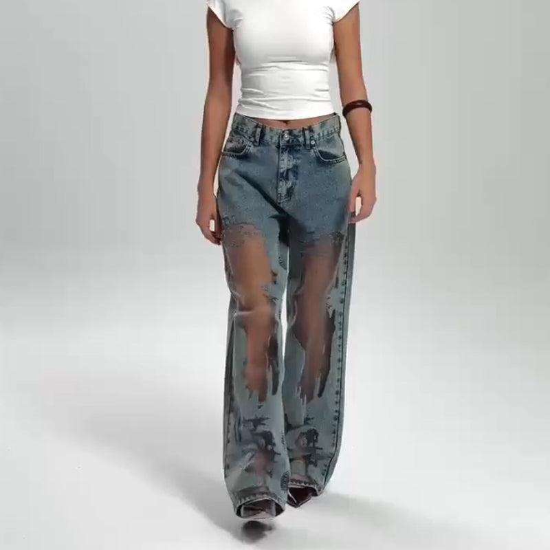 Jeans mit Mesh-Einsätzen | Weites Bein | Urbaner Statement-Look