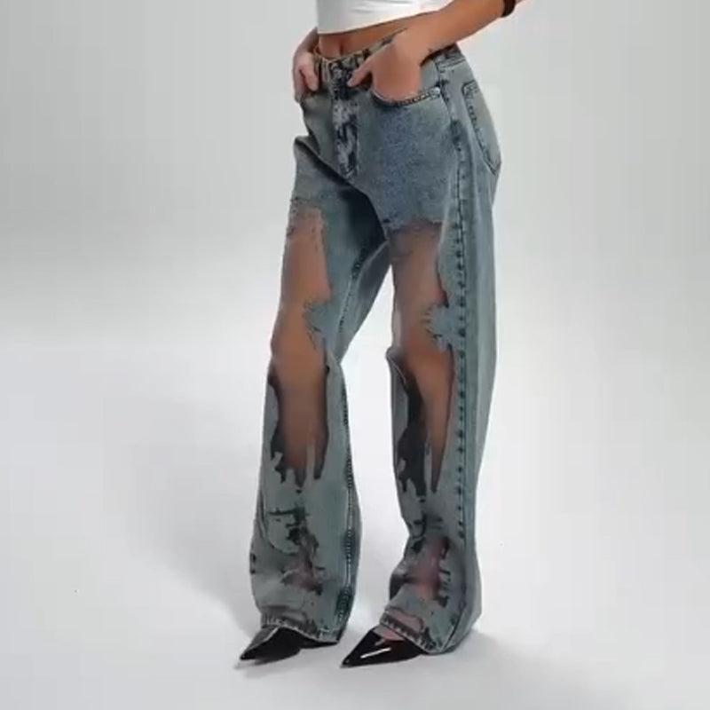 Jeans mit Mesh-Einsätzen | Weites Bein | Urbaner Statement-Look