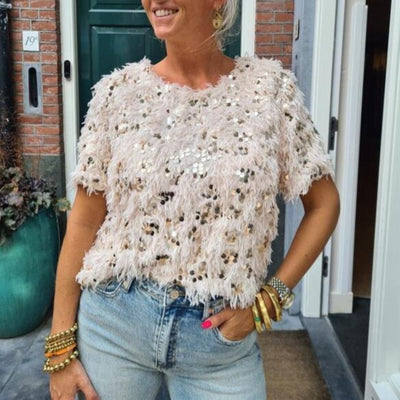 Birgit | Glamouröses Feder-T-Shirt mit Pailletten